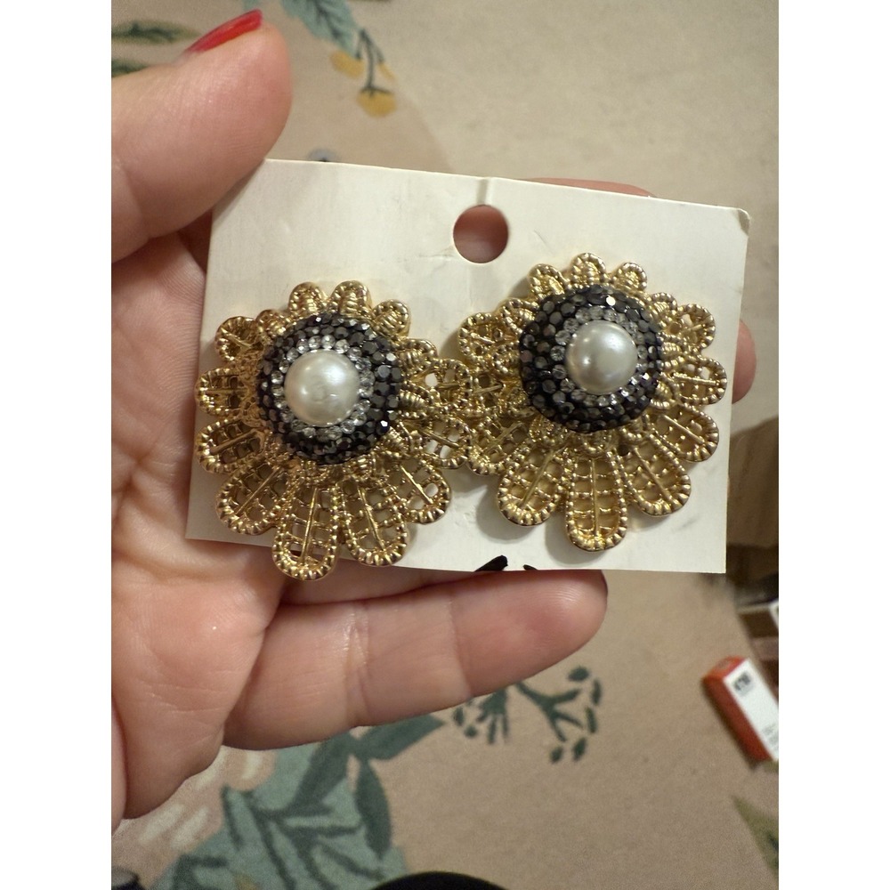 Gold Lace Pearl Statement Stud Double Back Earrings Gold Tone Pierced